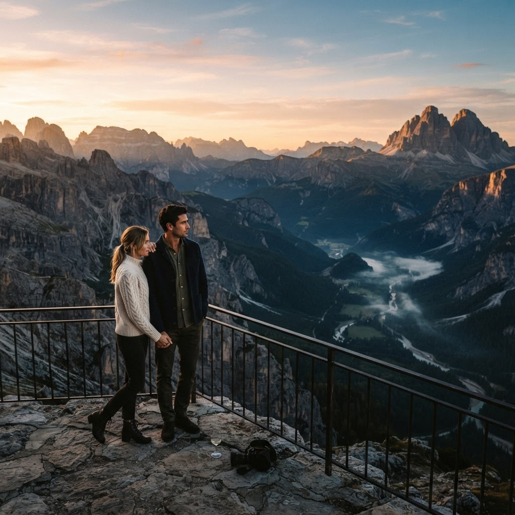 Couple overlooking a mountain valley at sunrise