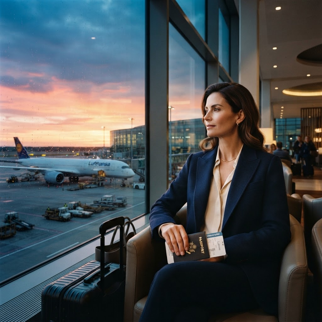 Traveler holding a passport beside an airport window