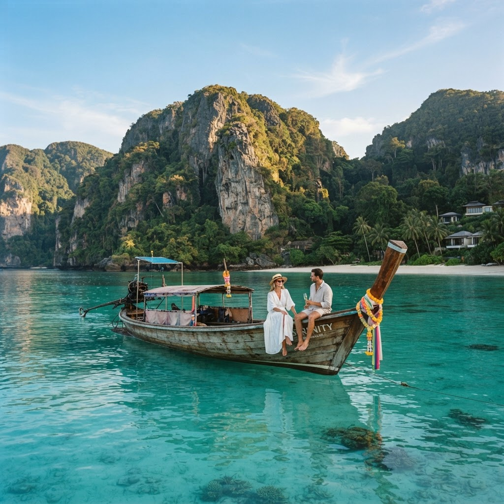 Longtail boat on a turquoise island lagoon