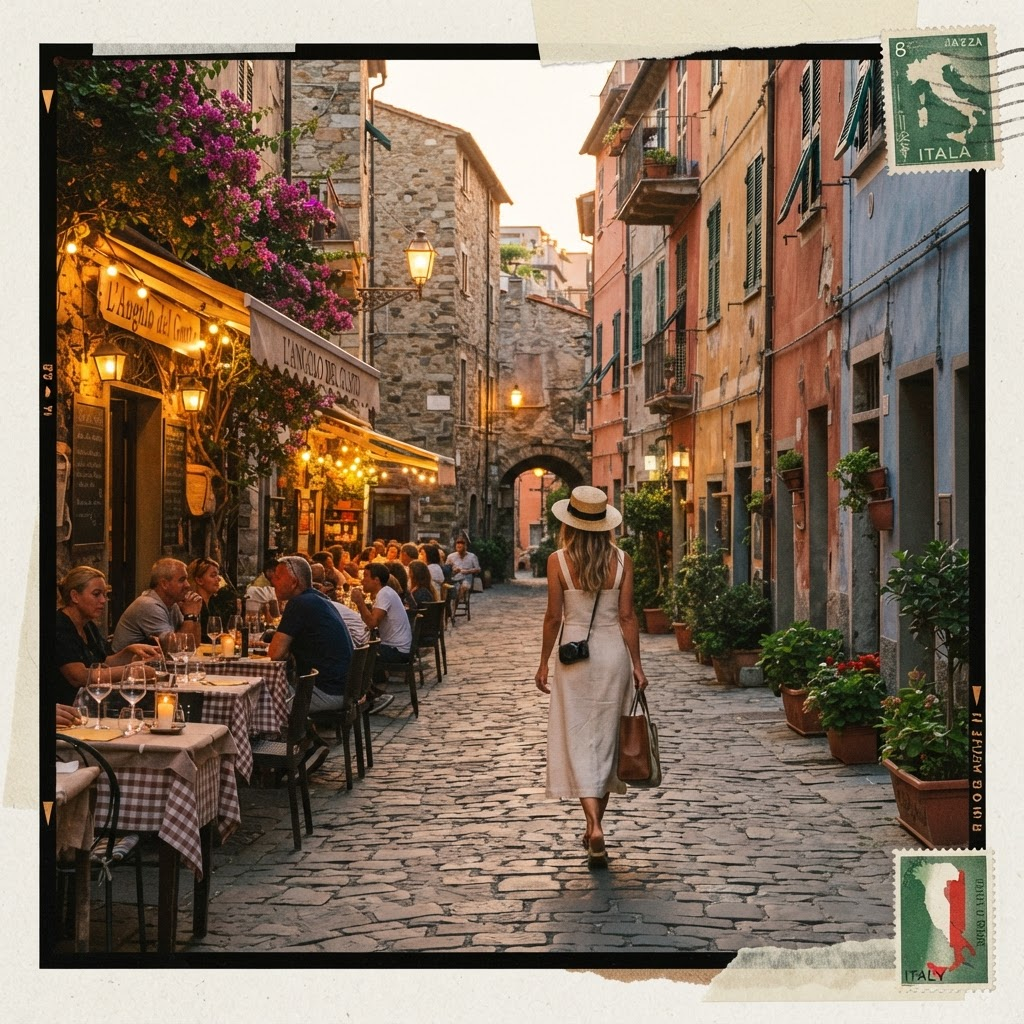 Traveler walking through a colorful European street