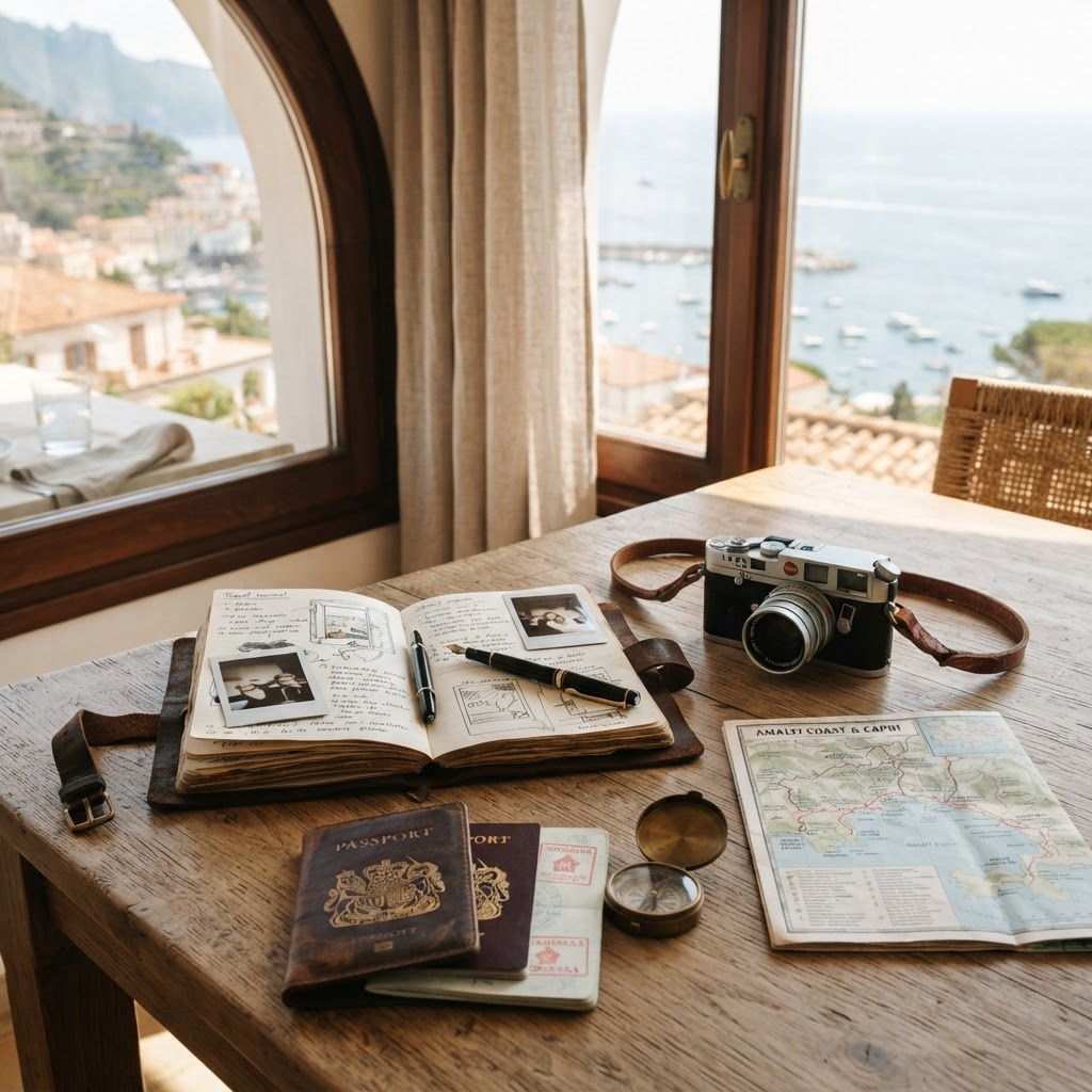 Travel journal, passport, camera, and map on a sunlit table