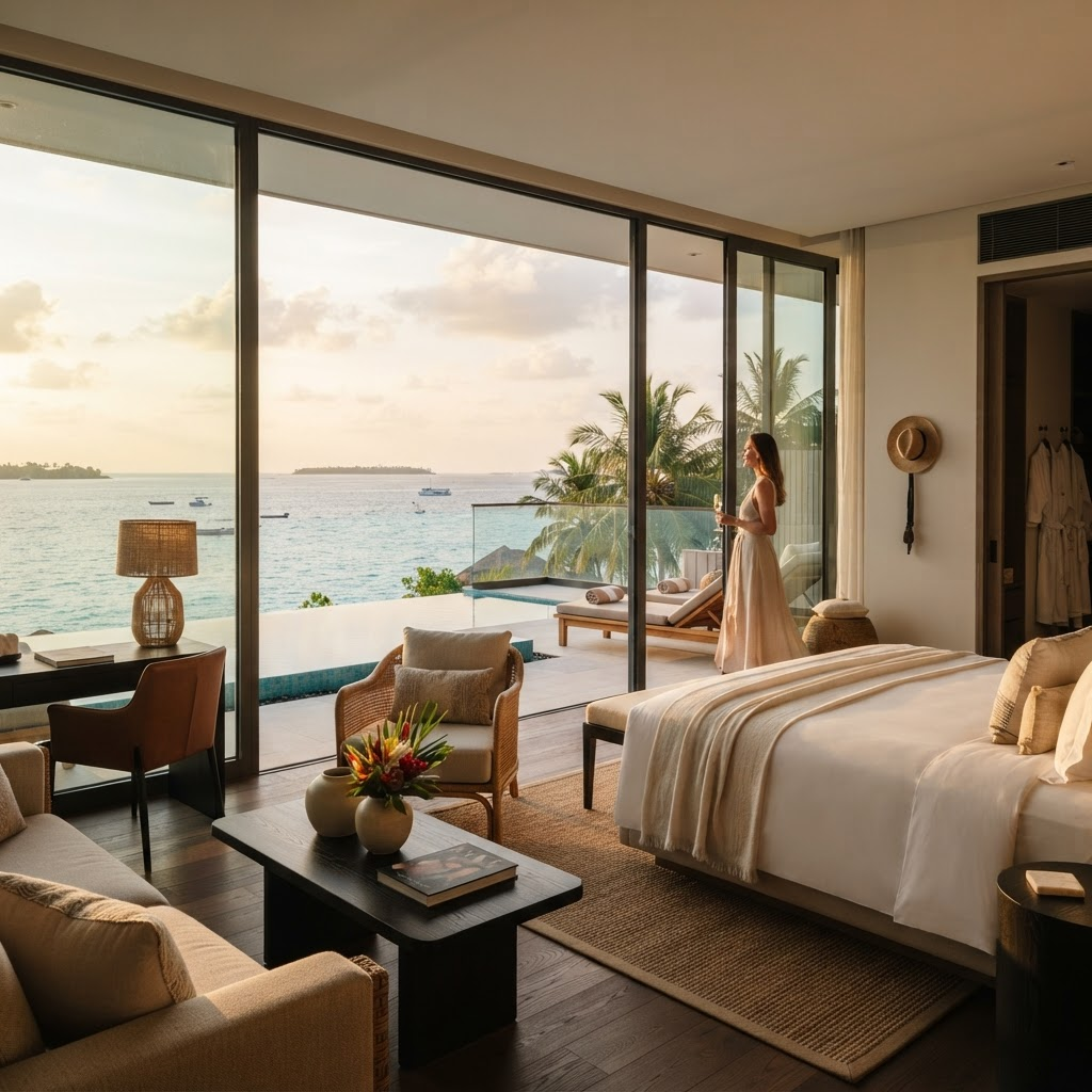 Elegant hotel suite overlooking a tropical coast